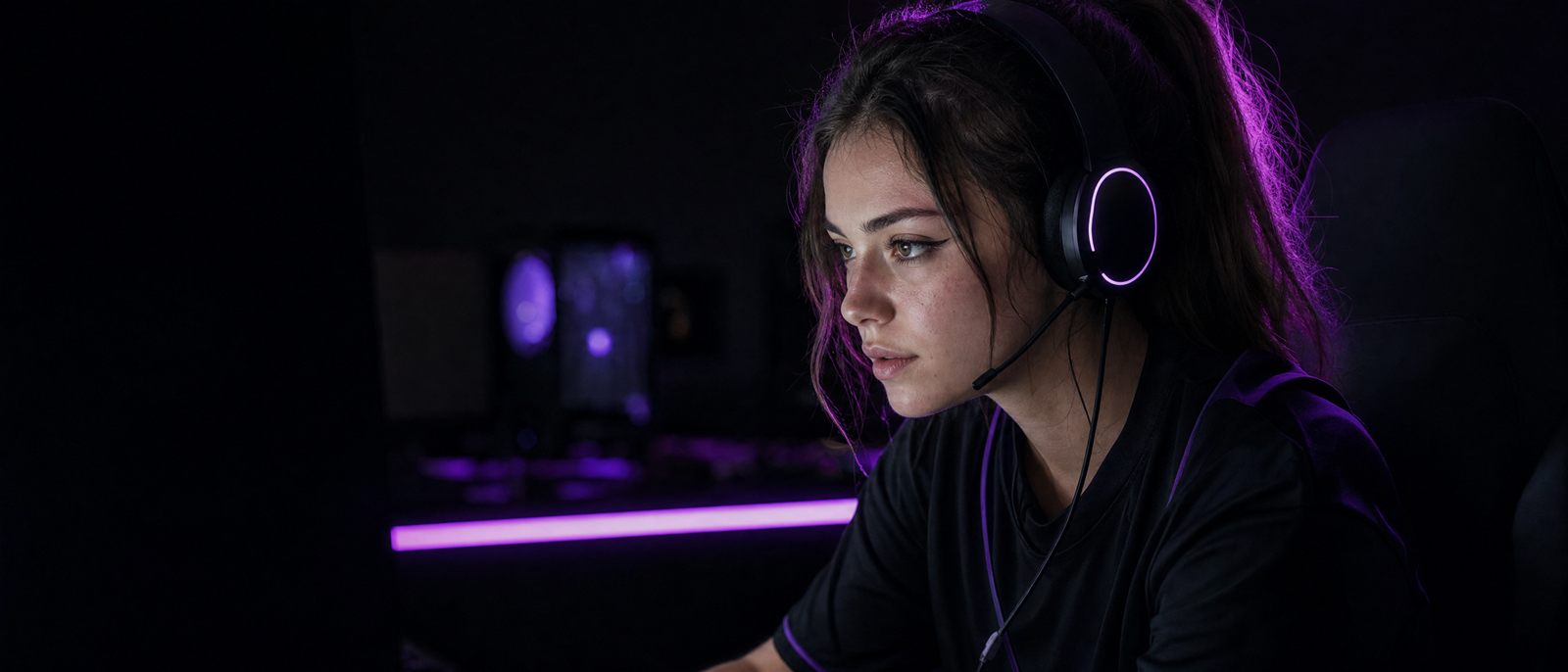 Female esports player at her PC in a neon-lit room