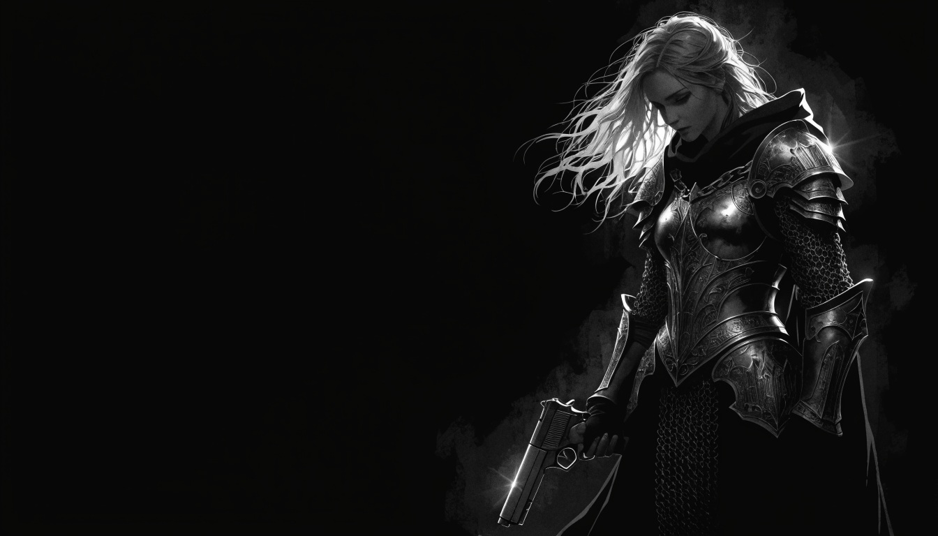 Woman in engraved gothic armour, lit from behind against black